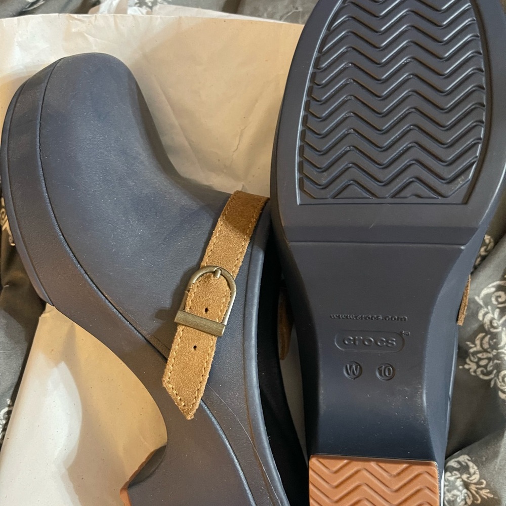 CROCS Blue and Tan Mules with Chevron Tread